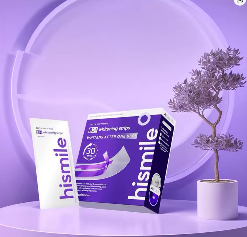 Fita V34: fita clareadora dental roxa: Hismile V34 sérum clareador dental